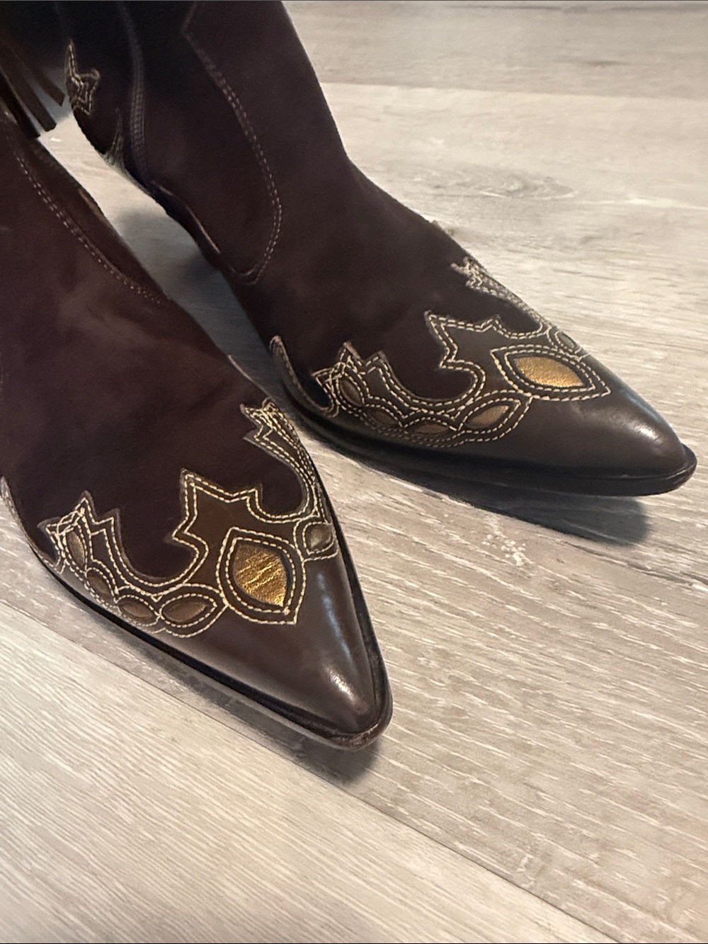 ANTONIO MELANI Dark Brown Suede Western Ankle Boots with Embroidered Toe - Picture 4 of 9